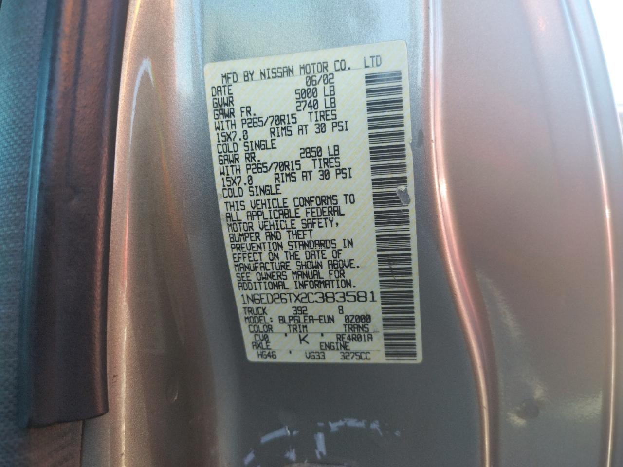 Photo 10 from auction – 2002 NISSAN FRONTIER K with VIN 1N6ED26TX2C383581