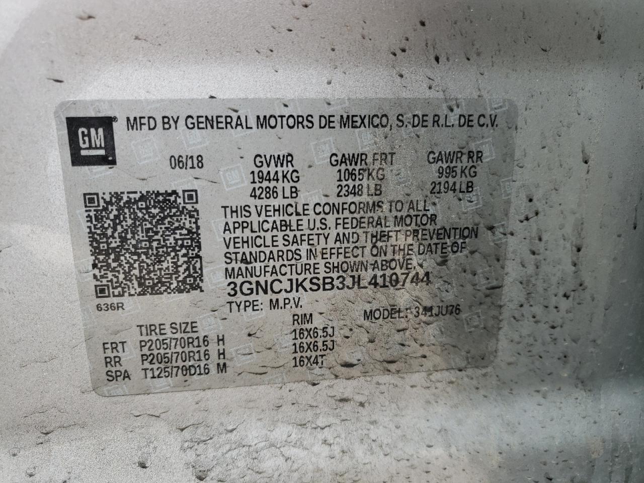 Photo 10 from auction – 2018 CHEVROLET TRAX LS with VIN 3GNCJKSB3JL410744