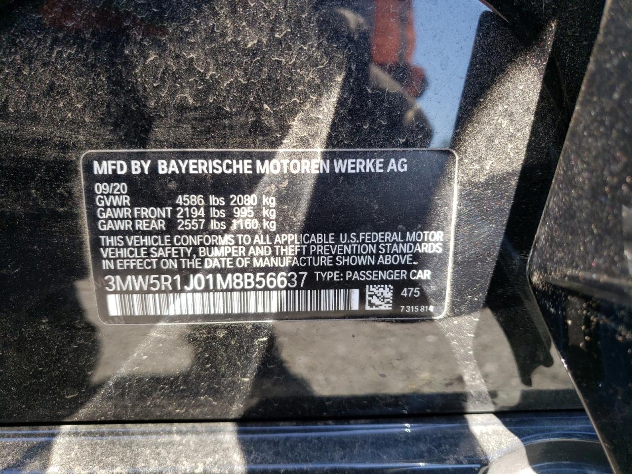 Photo 10 from auction – 2021 BMW 330I with VIN 3MW5R1J01M8B56637