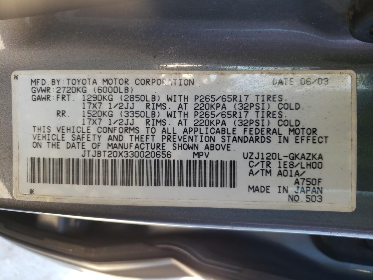 Photo 10 from auction – 2003 LEXUS GX 470 with VIN JTJBT20X330020656