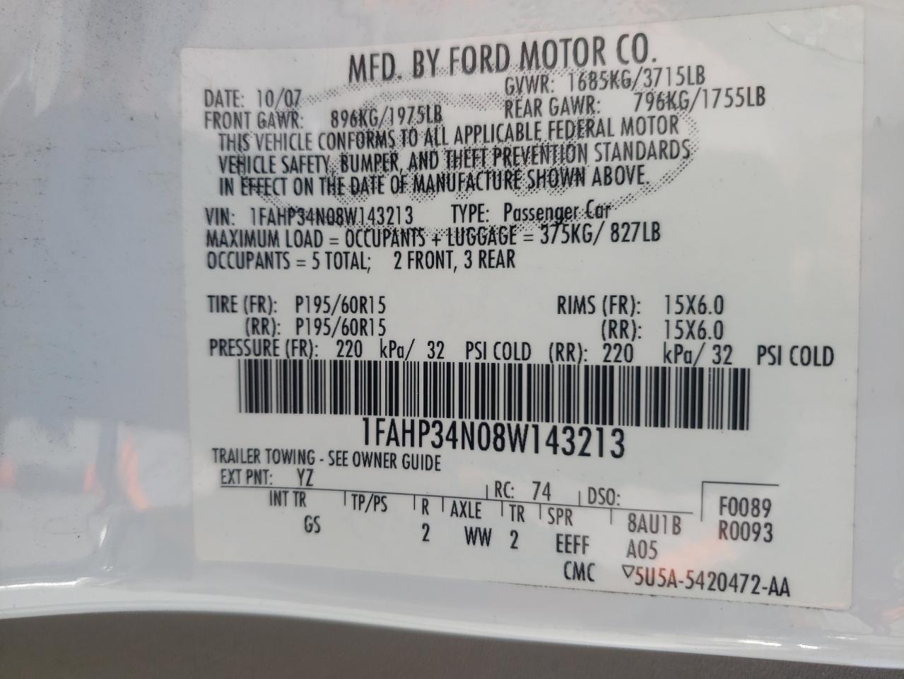Photo 10 from auction – 2008 FORD FOCUS S/SE with VIN 1FAHP34N08W143213