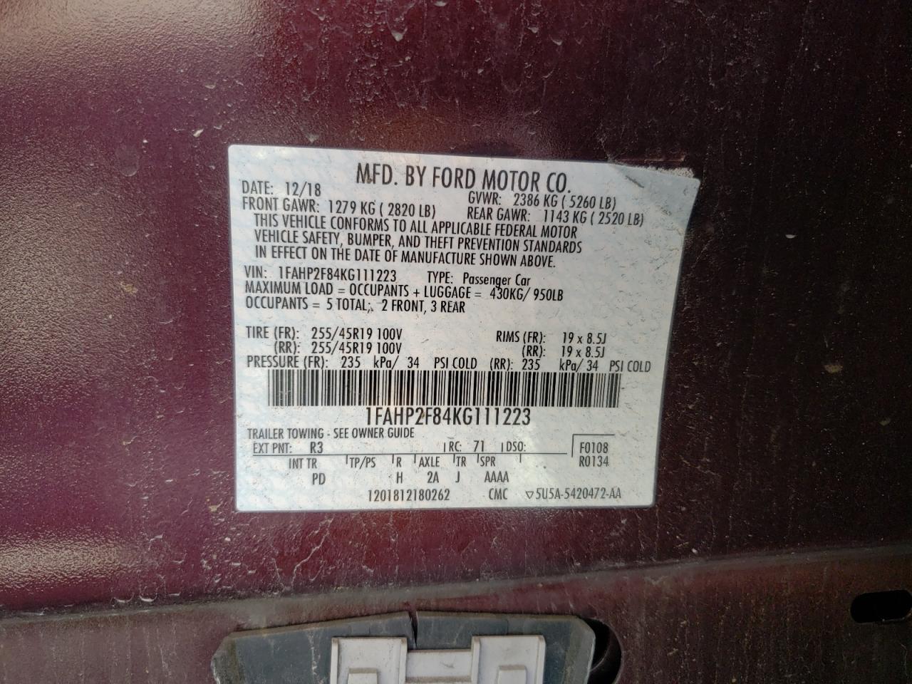 Photo 10 from auction – 2019 FORD TAURUS LIM with VIN 1FAHP2F84KG111223
