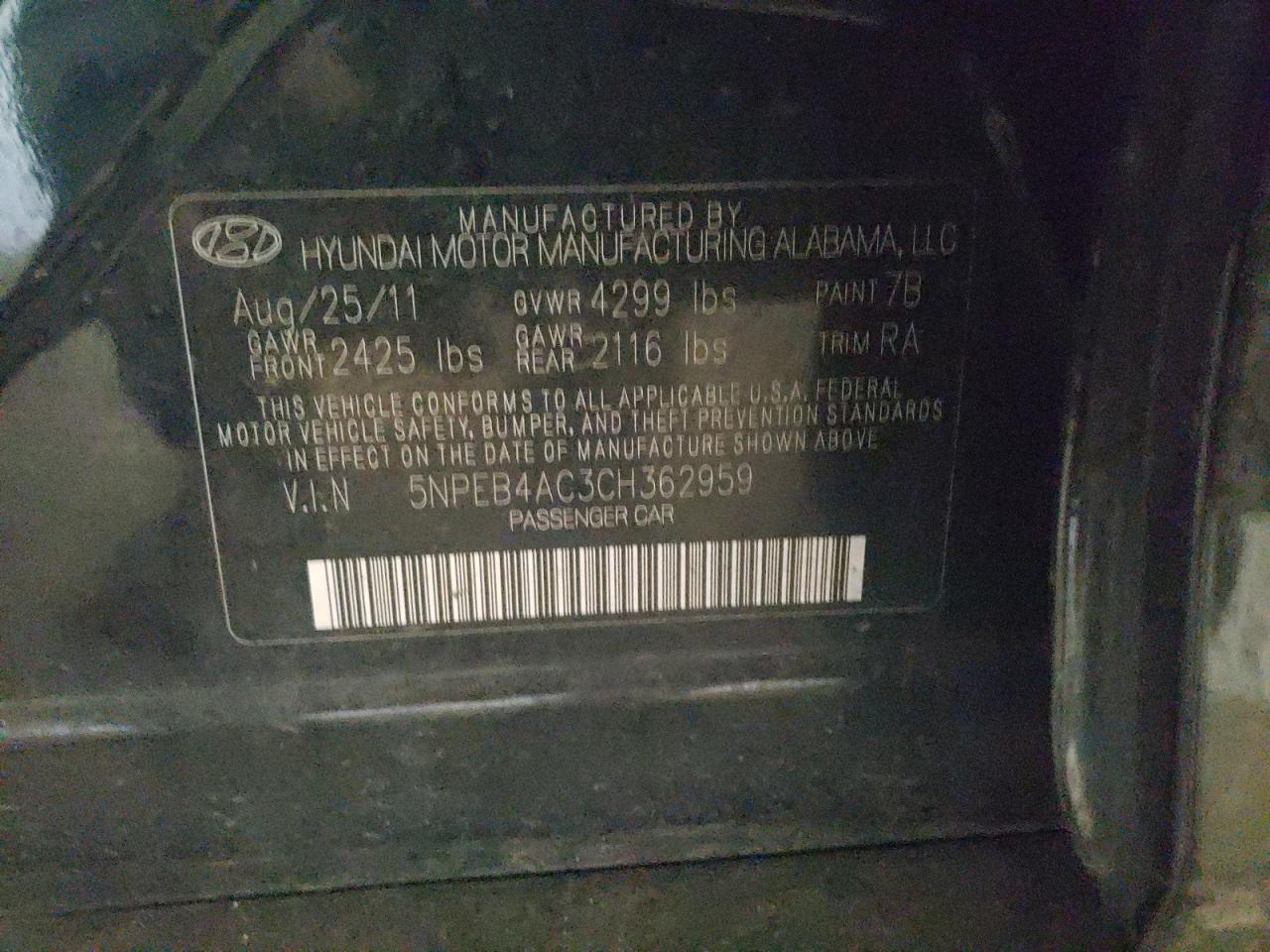 Photo 10 from auction – 2012 HYUNDAI SONATA GLS with VIN 5NPEB4AC3CH362959