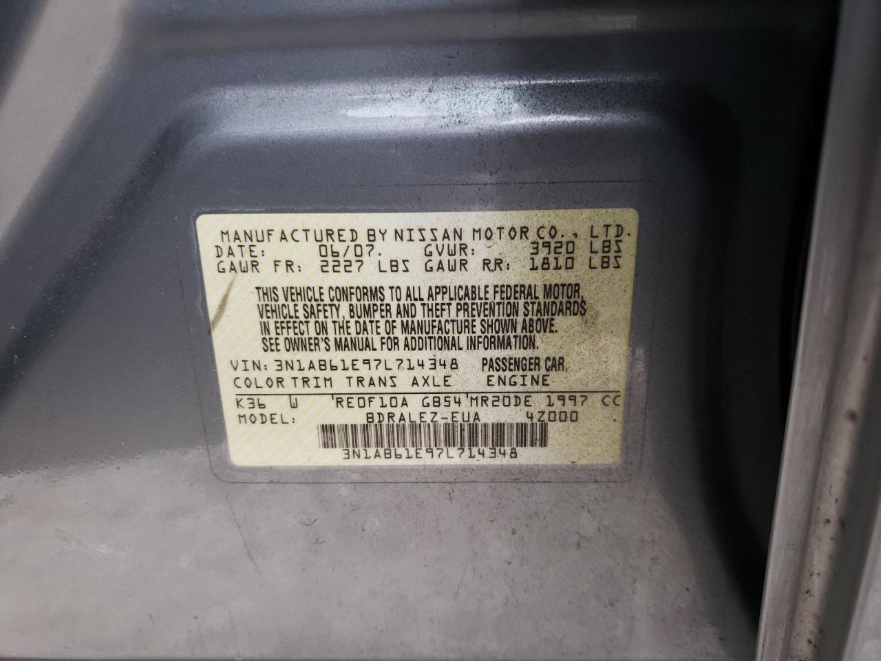 Photo 10 from auction – 2007 NISSAN SENTRA 2.0 with VIN 3N1AB61E97L714348