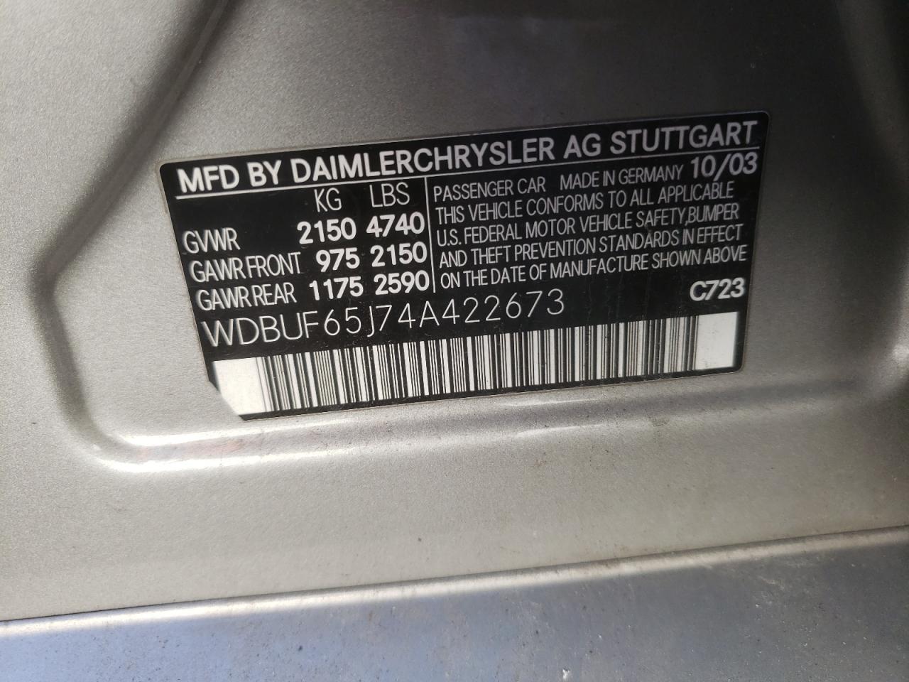 Photo 10 from auction – 2004 MERCEDES-BENZ E 320 with VIN WDBUF65J74A422673