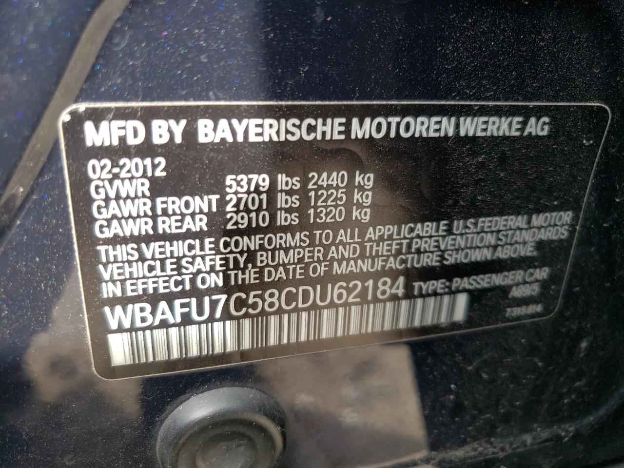 Photo 10 from auction – 2012 BMW 535 XI with VIN WBAFU7C58CDU62184