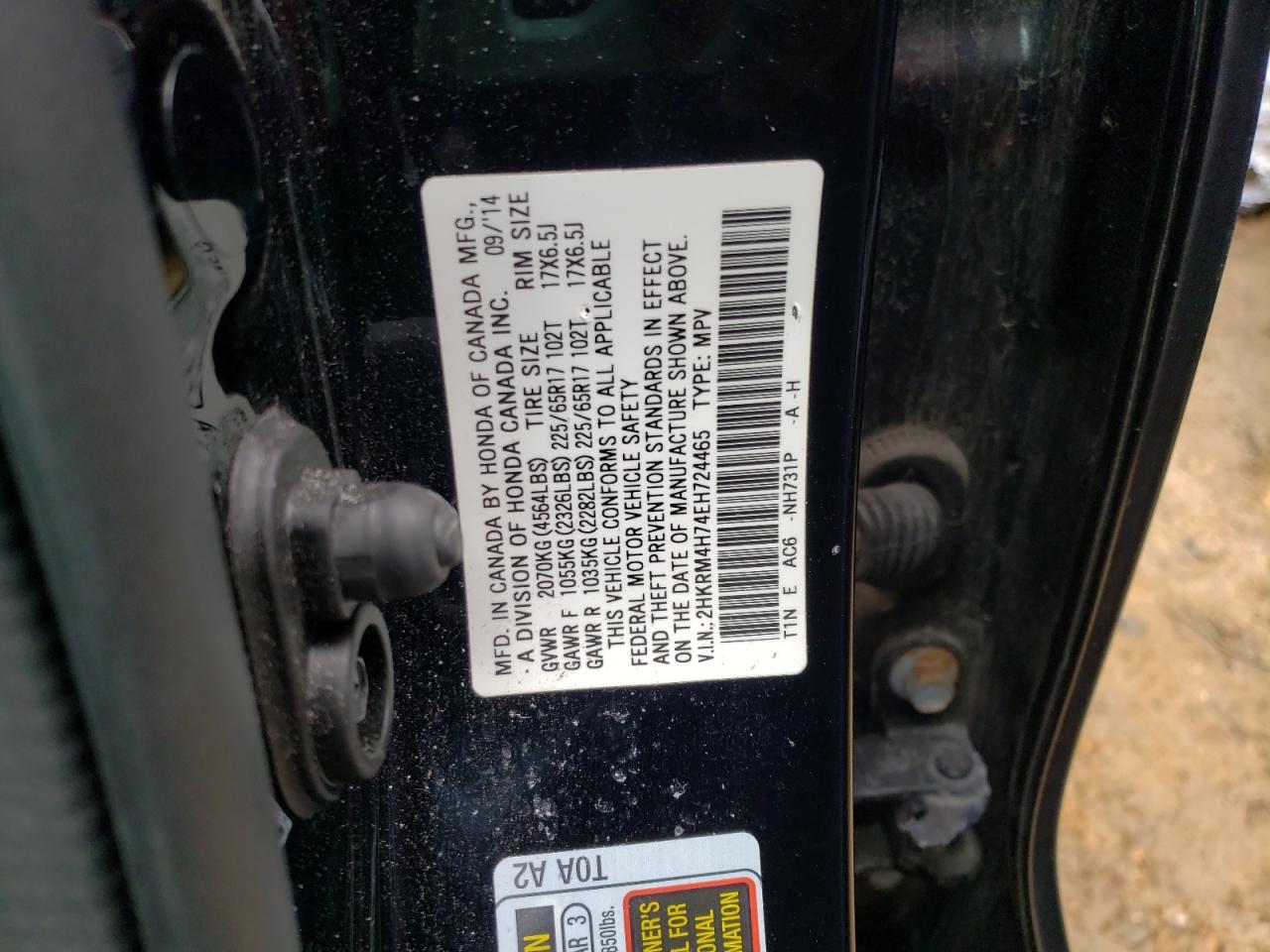 Photo 10 from auction – 2014 HONDA CR-V EXL with VIN 2HKRM4H74EH724465