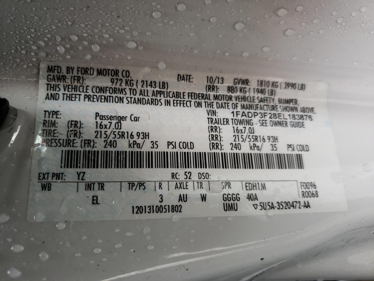 Photo 10 from auction – 2014 FORD FOCUS SE with VIN 1FADP3F28EL183876
