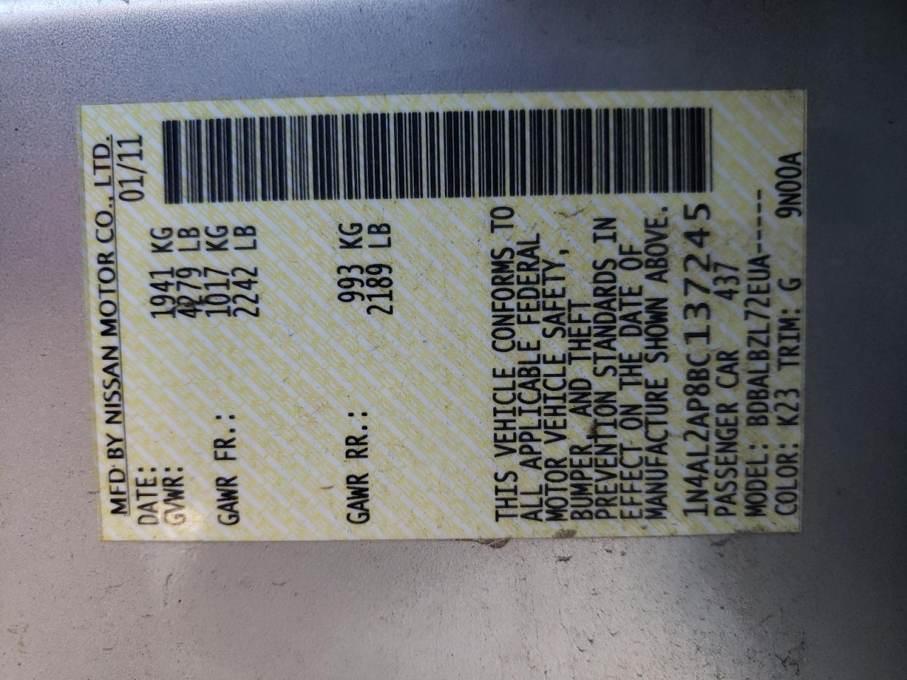 Photo 10 from auction – 2011 NISSAN ALTIMA BAS with VIN 1N4AL2AP8BC137245