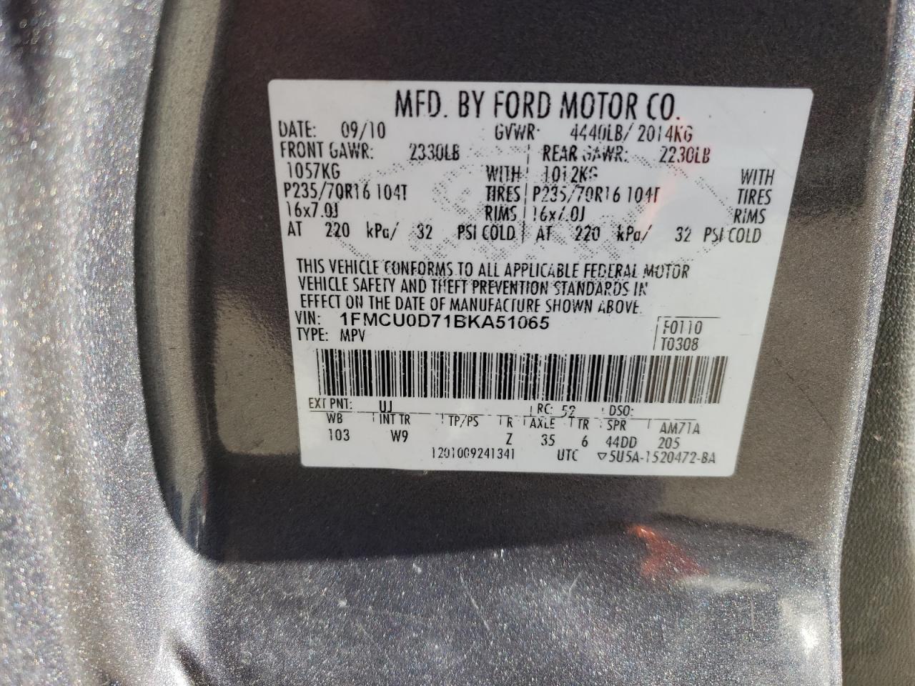 Photo 10 from auction – 2011 FORD ESCAPE XLT with VIN 1FMCU0D71BKA51065