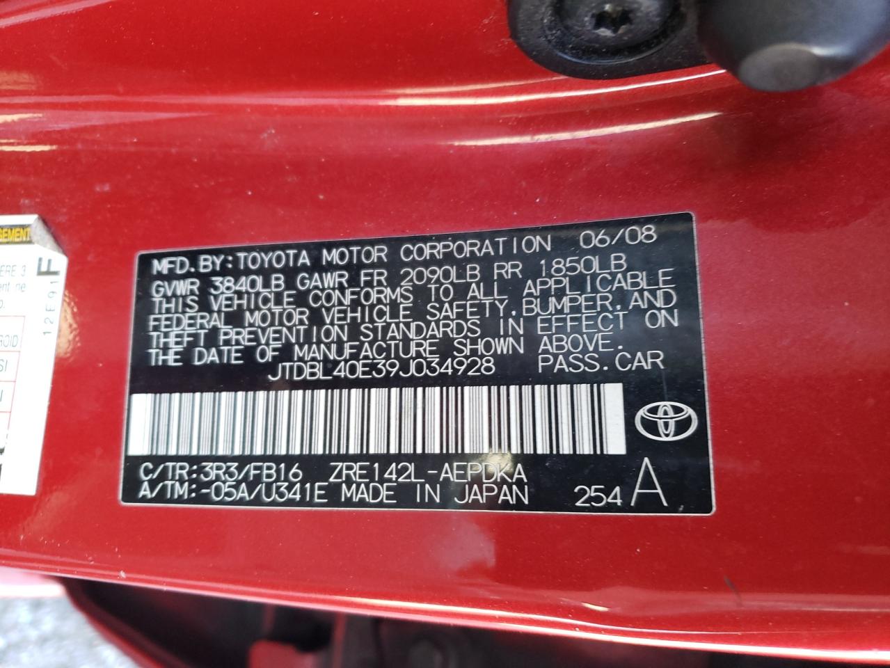 Photo 10 from auction – 2009 TOYOTA COROLLA with VIN JTDBL40E39J034928