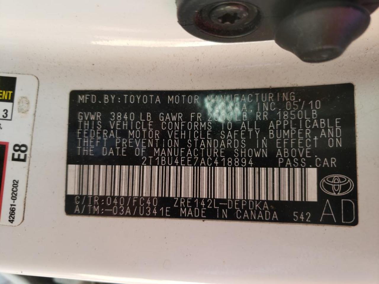 Photo 10 from auction – 2010 TOYOTA COROLLA BA with VIN 2T1BU4EE7AC418894