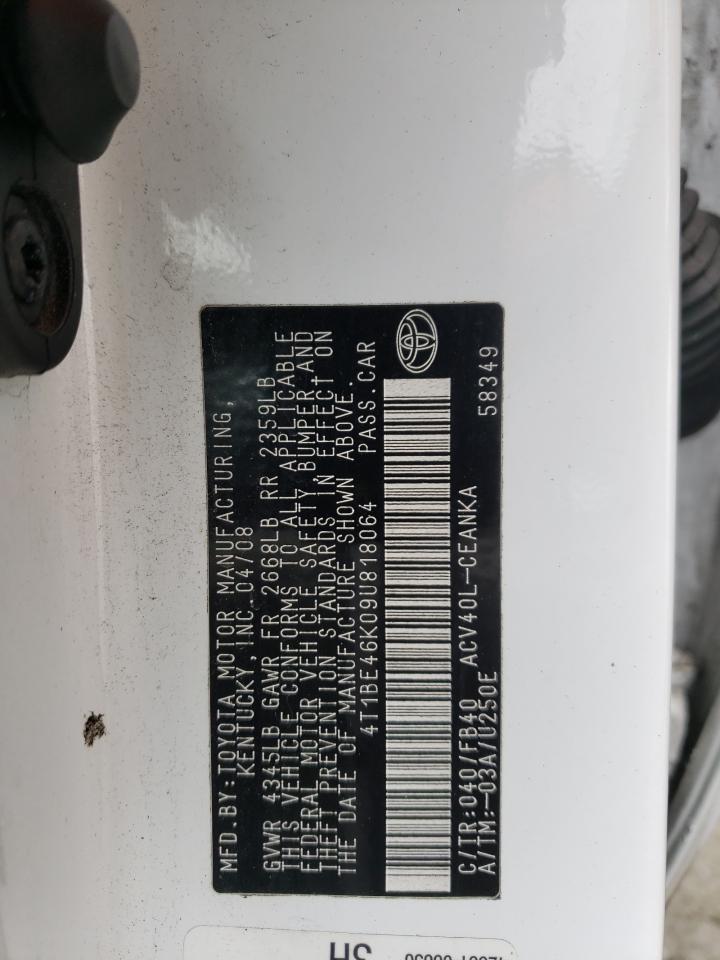 Photo 10 from auction – 2009 TOYOTA CAMRY BASE with VIN 4T1BE46K09U818064