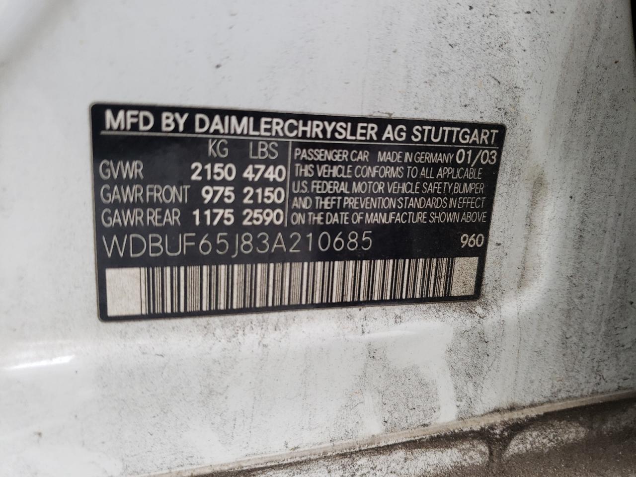 Photo 10 from auction – 2003 MERCEDES-BENZ E 320 with VIN WDBUF65J83A210685