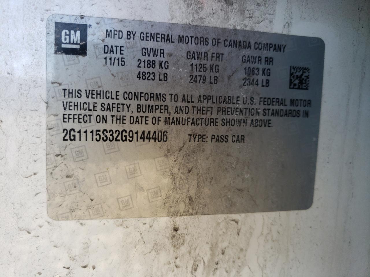 Photo 10 from auction – 2016 CHEVROLET IMPALA LT with VIN 2G1115S32G9144406