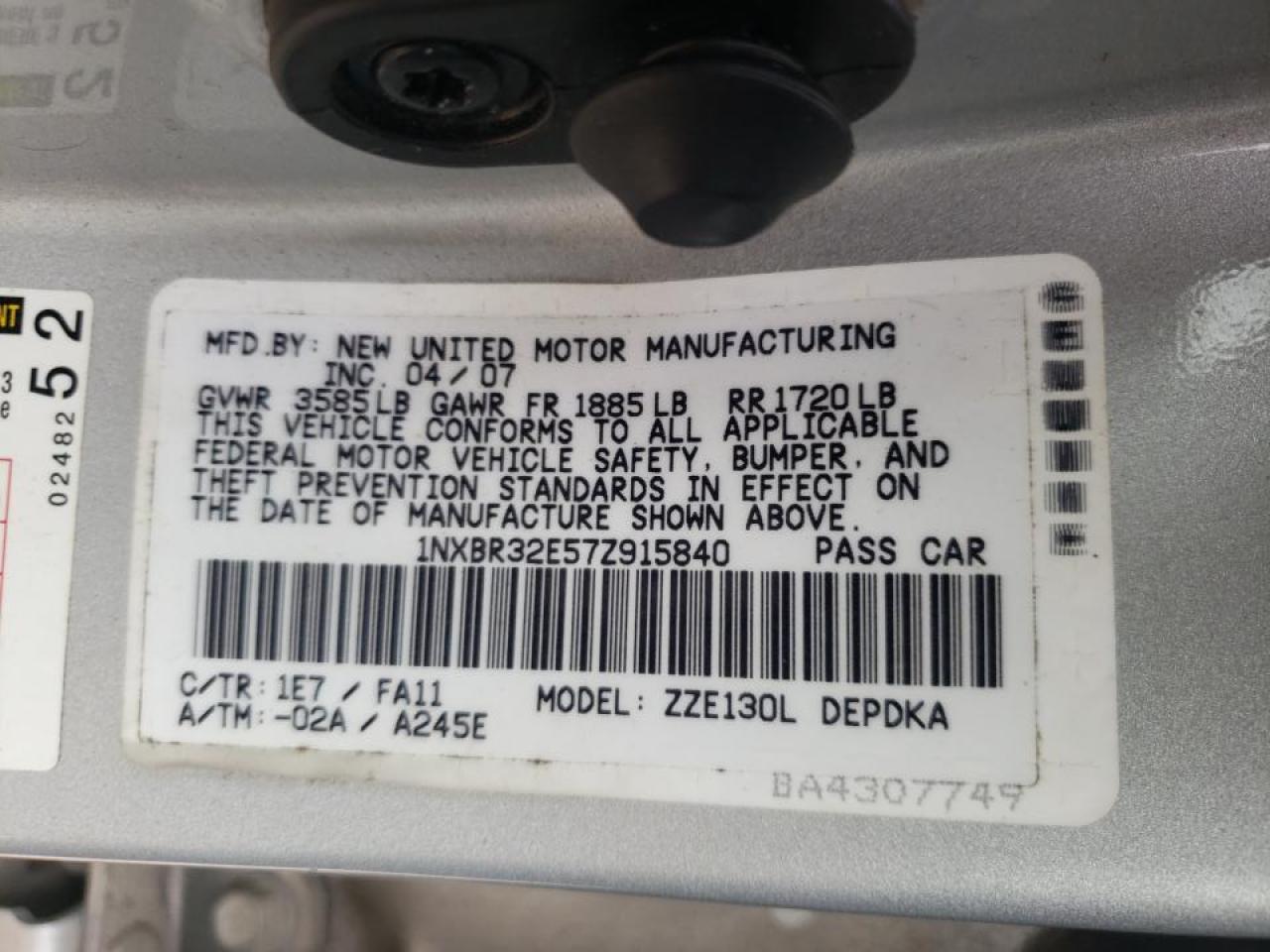 Photo 10 from auction – 2007 TOYOTA COROLLA CE with VIN 1NXBR32E57Z915840