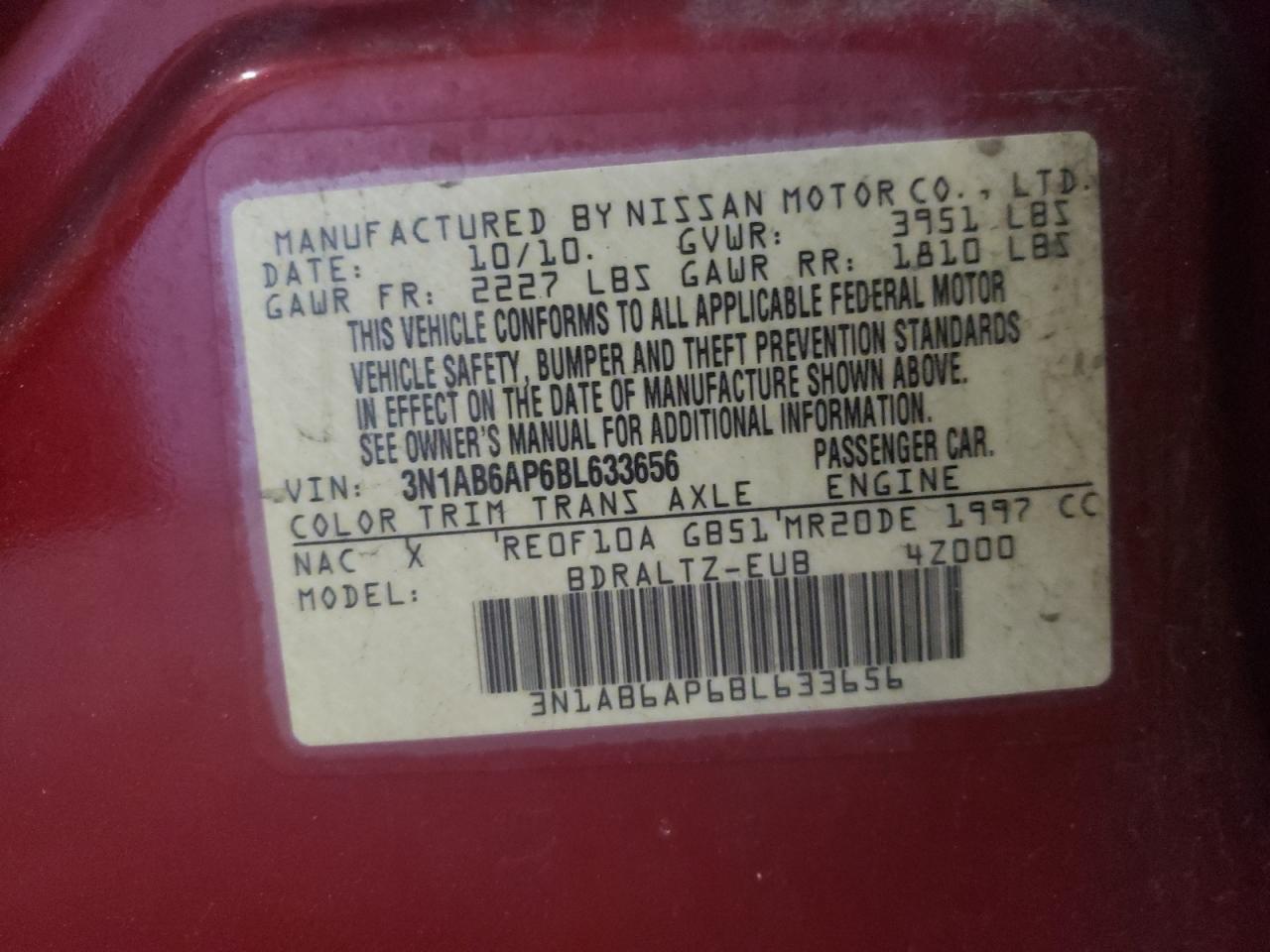 Photo 10 from auction – 2011 NISSAN SENTRA 2.0 with VIN 3N1AB6AP6BL633656