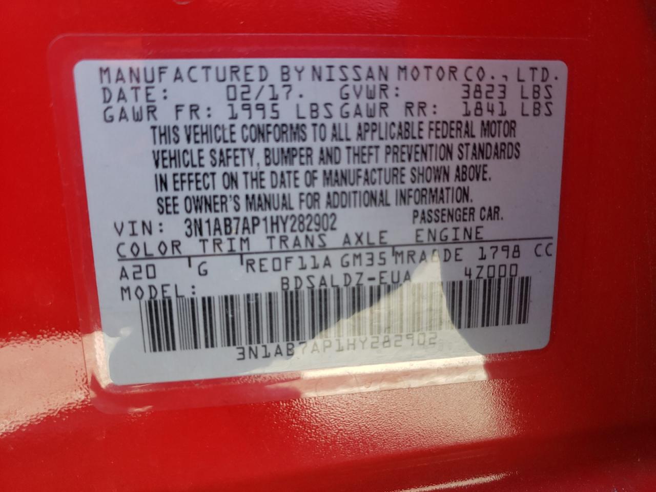 Photo 10 from auction – 2017 NISSAN SENTRA S with VIN 3N1AB7AP1HY282902