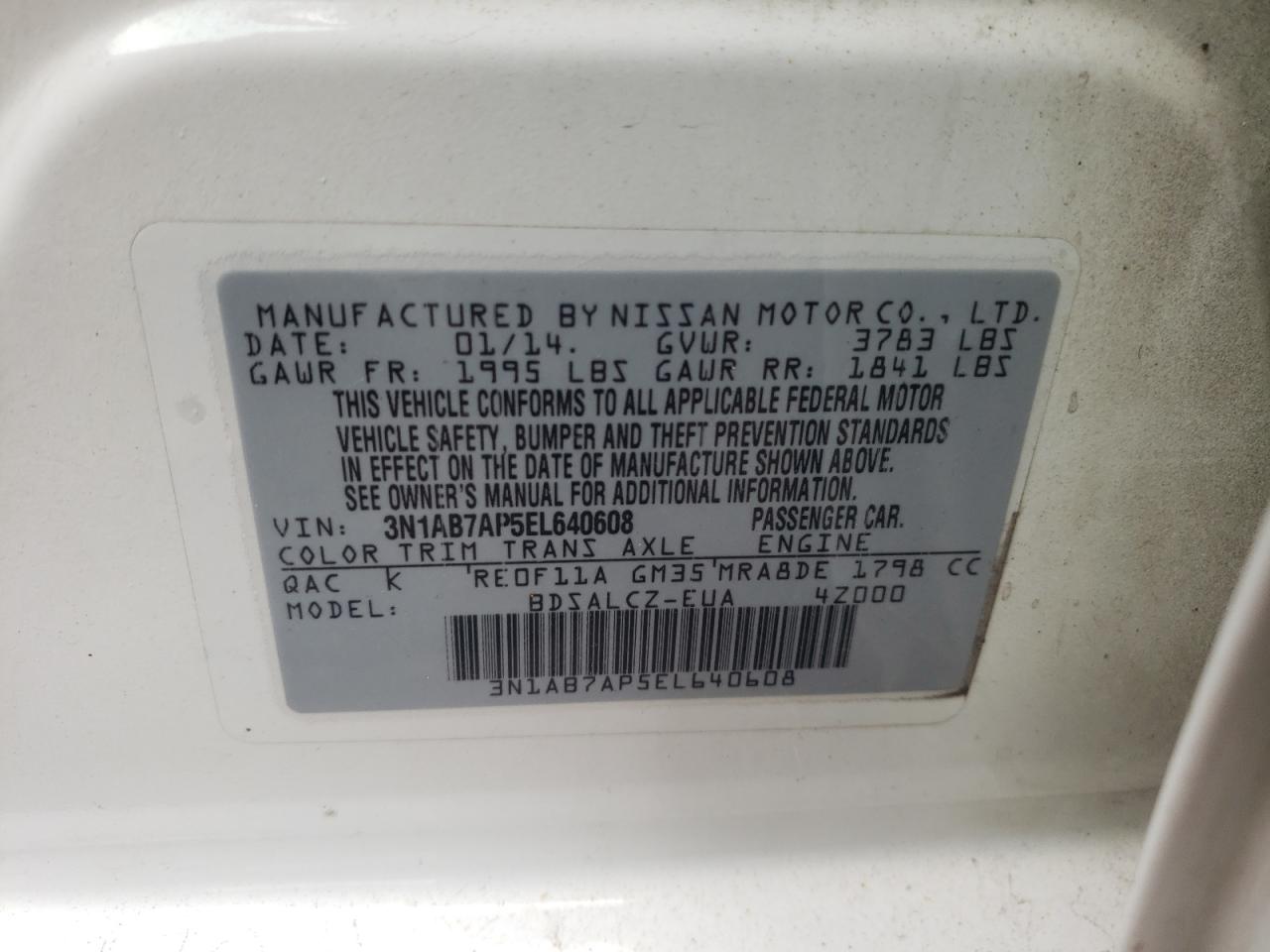 Photo 10 from auction – 2014 NISSAN SENTRA S with VIN 3N1AB7AP5EL640608