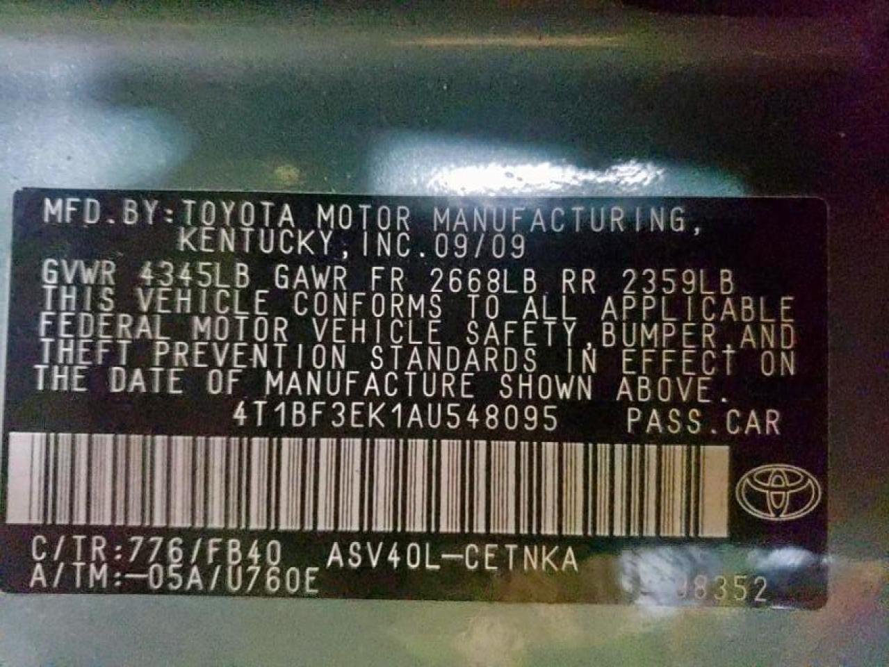 Photo 10 from auction – 2010 TOYOTA CAMRY BASE with VIN 4T1BF3EK1AU548095