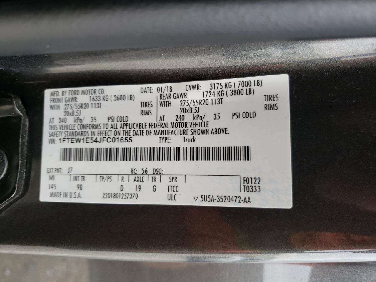 Photo 10 from auction – 2018 FORD F150 SUPER with VIN 1FTEW1E54JFC01655