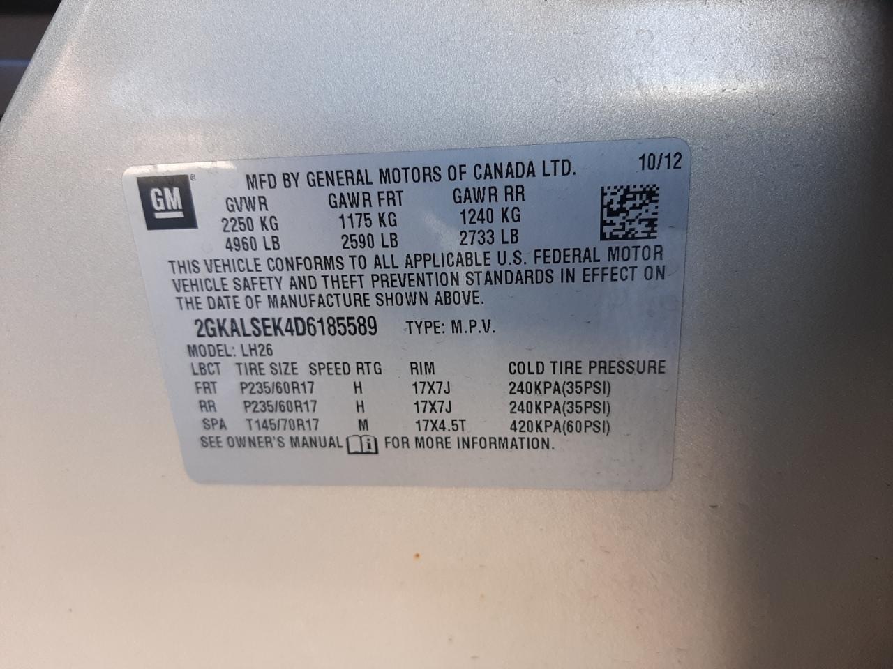 Photo 10 from auction – 2013 GMC TERRAIN SL with VIN 2GKALSEK4D6185589