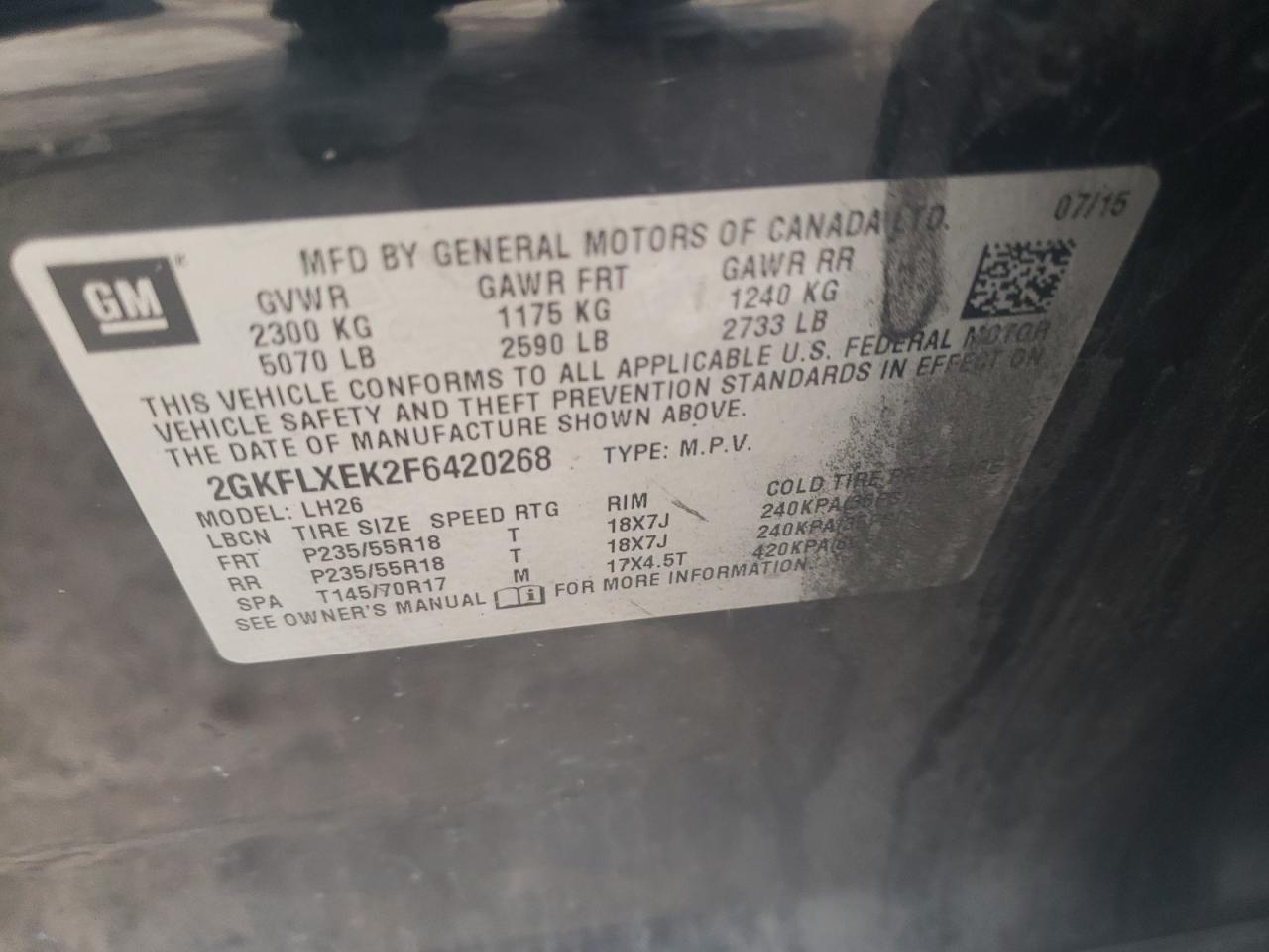 Photo 10 from auction – 2015 GMC TERRAIN SL with VIN 2GKFLXEK2F6420268