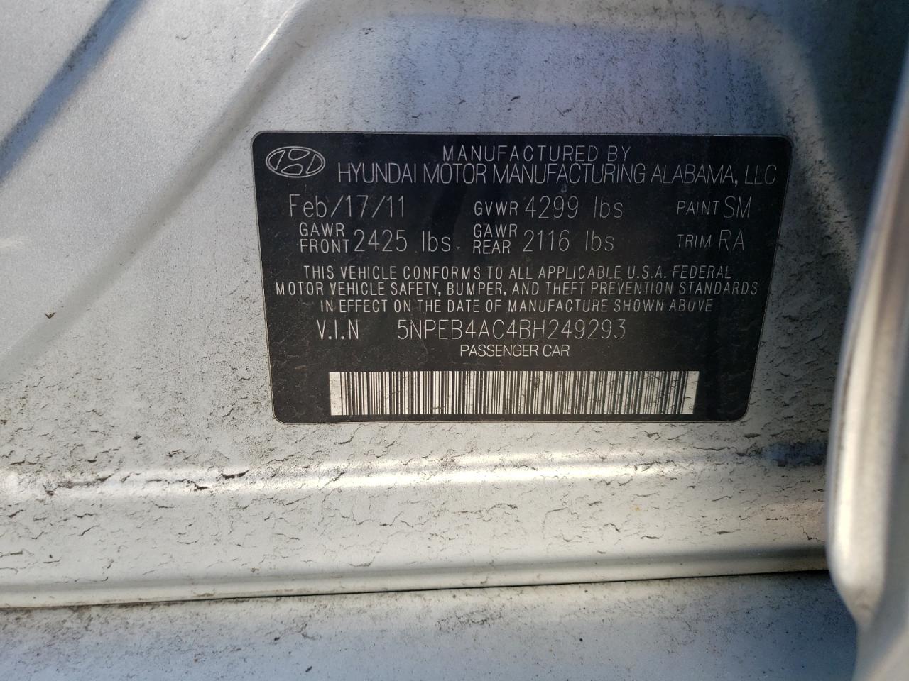 Photo 10 from auction – 2011 HYUNDAI SONATA GLS with VIN 5NPEB4AC4BH249293