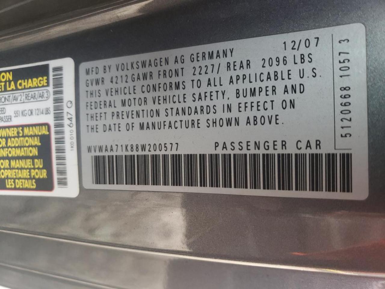 Photo 10 from auction – 2008 VOLKSWAGEN RABBIT with VIN WVWAA71K88W200577