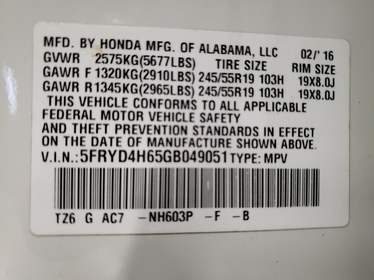 Photo 10 from auction – 2016 ACURA MDX TECHNO with VIN 5FRYD4H65GB049051