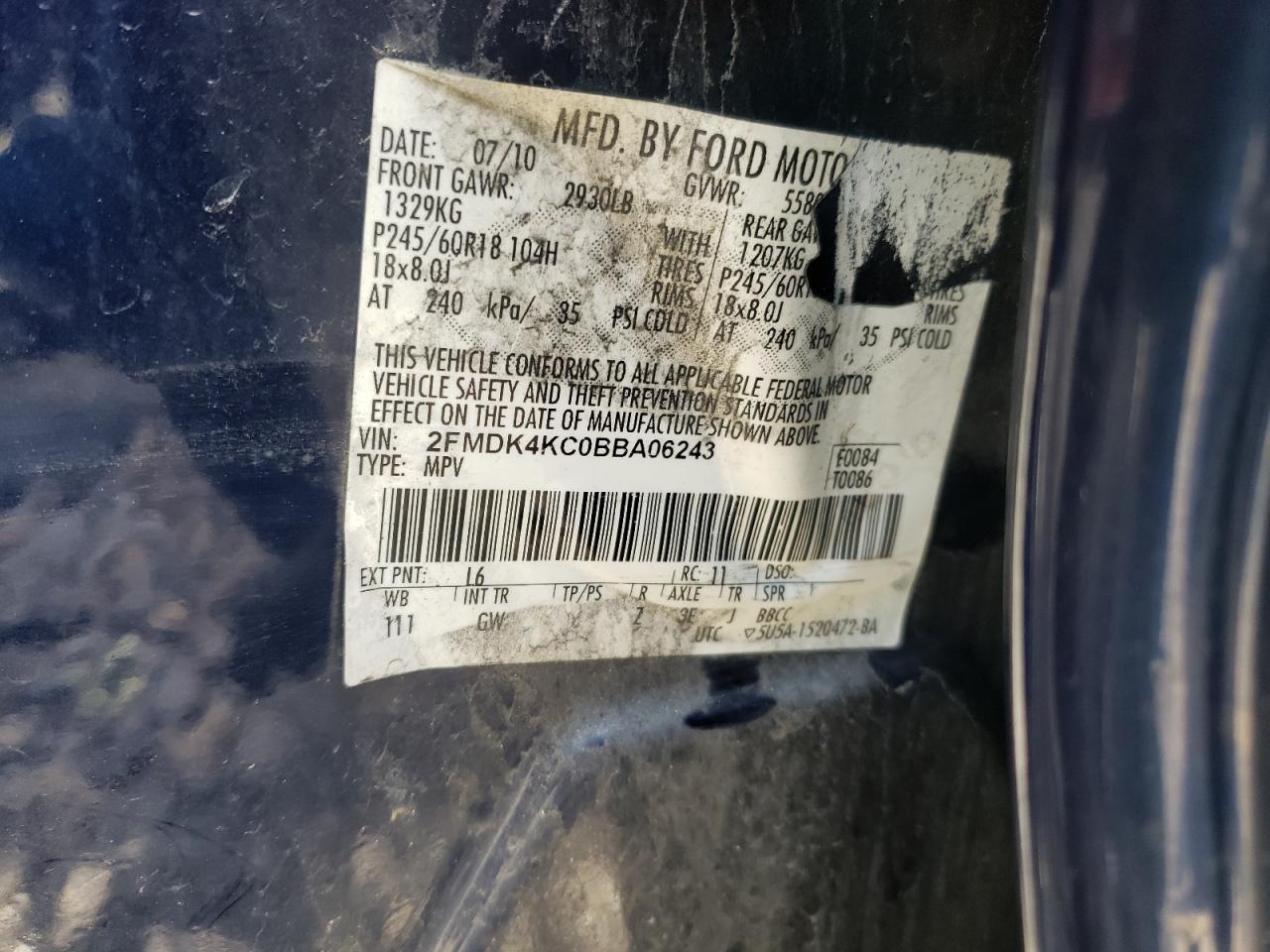 Photo 10 from auction – 2011 FORD EDGE LIMIT with VIN 2FMDK4KC0BBA06243