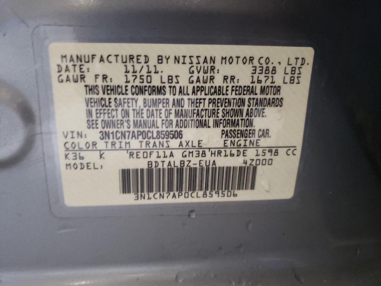 Photo 10 from auction – 2012 NISSAN VERSA S with VIN 3N1CN7AP0CL859506