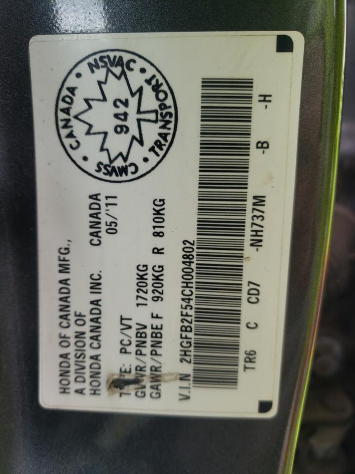 Photo 10 from auction – 2012 HONDA CIVIC LX with VIN 2HGFB2F54CH004802