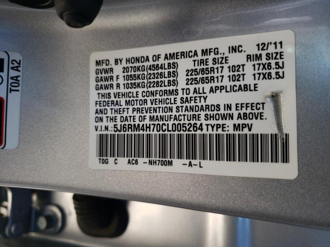 Photo 10 from auction – 2012 HONDA CR-V EXL with VIN 5J6RM4H70CL005264