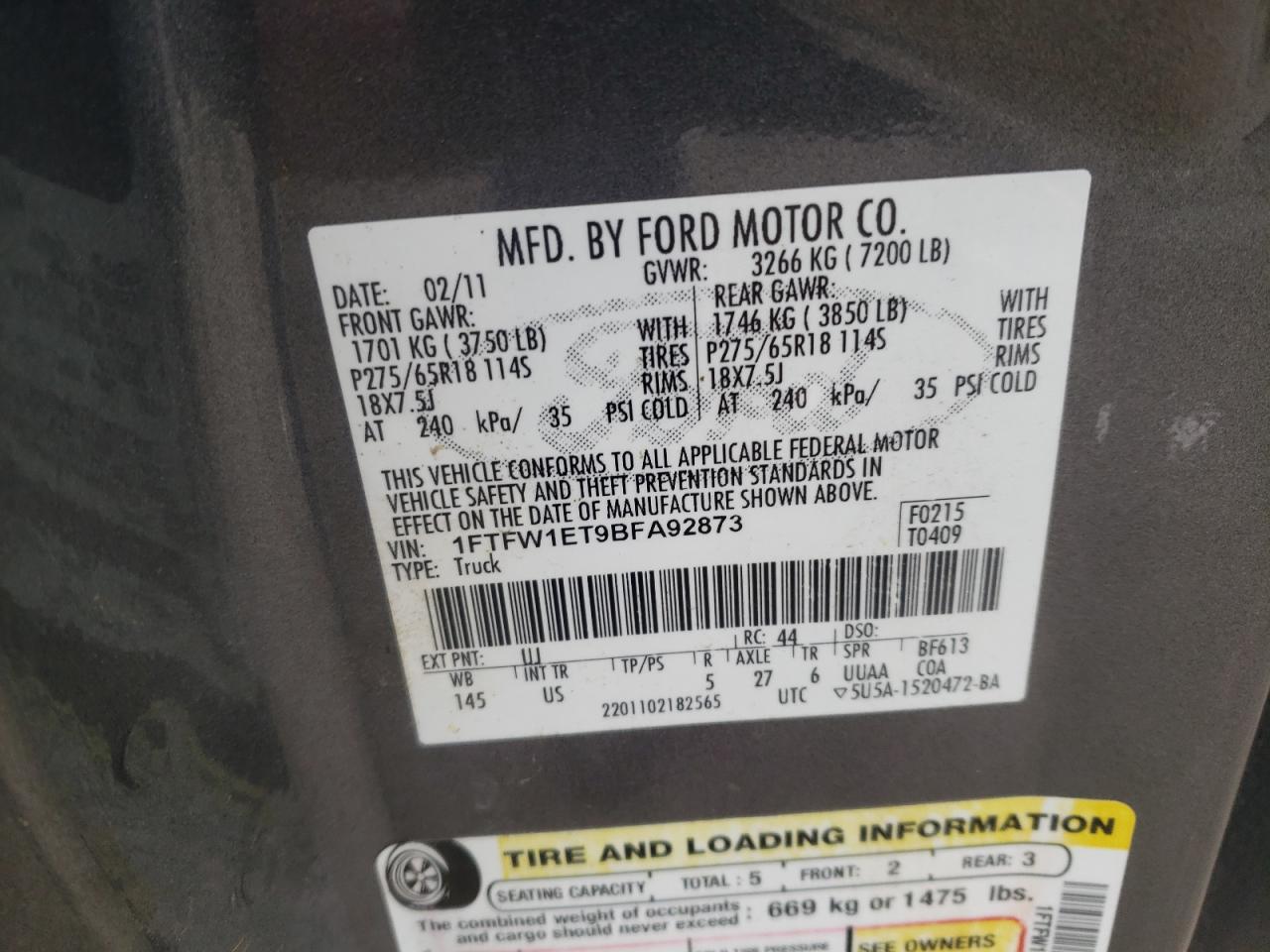 Photo 10 from auction – 2011 FORD F150 SUPER with VIN 1FTFW1ET9BFA92873