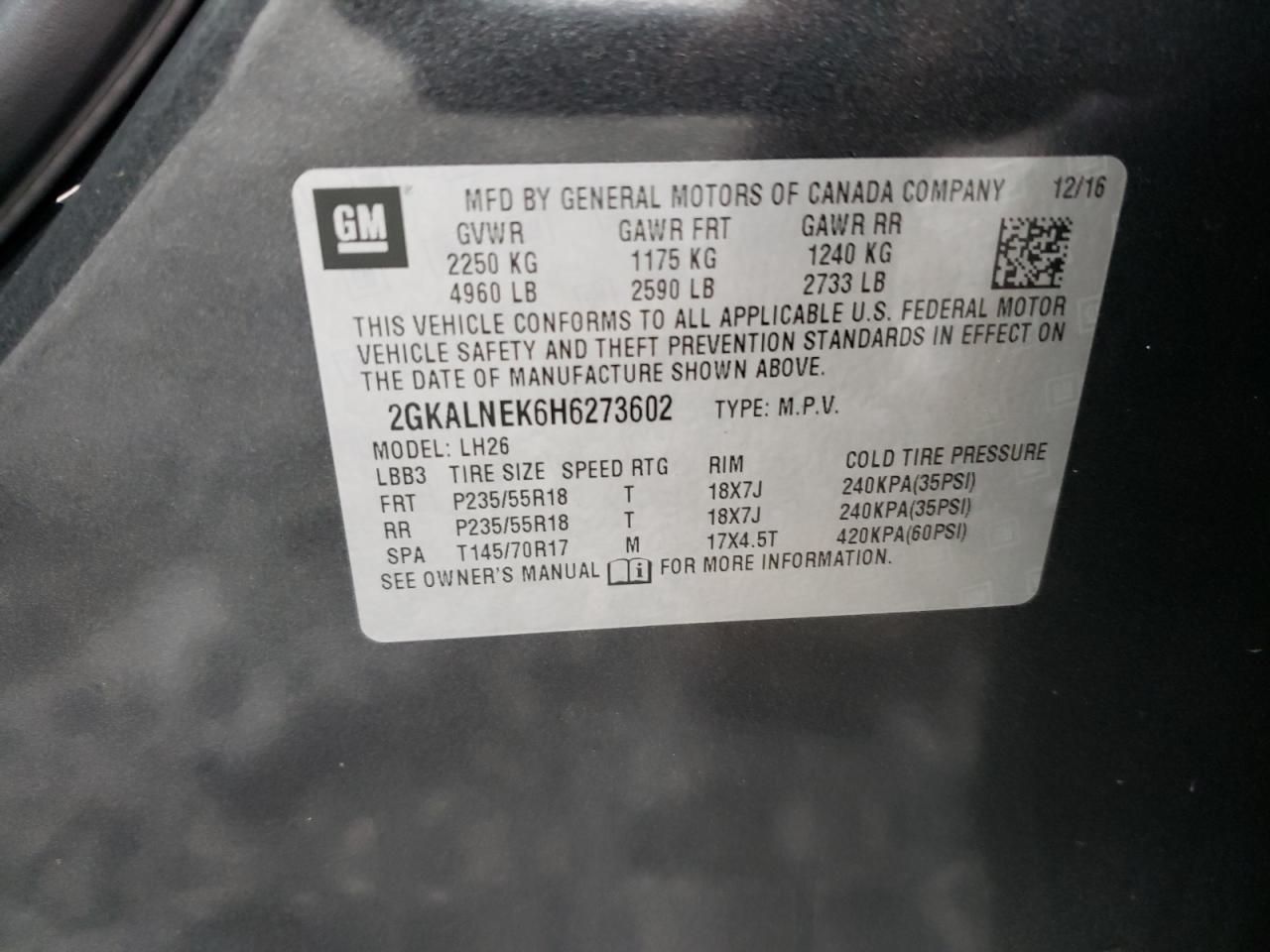 Photo 10 from auction – 2017 GMC TERRAIN SL with VIN 2GKALNEK6H6273602