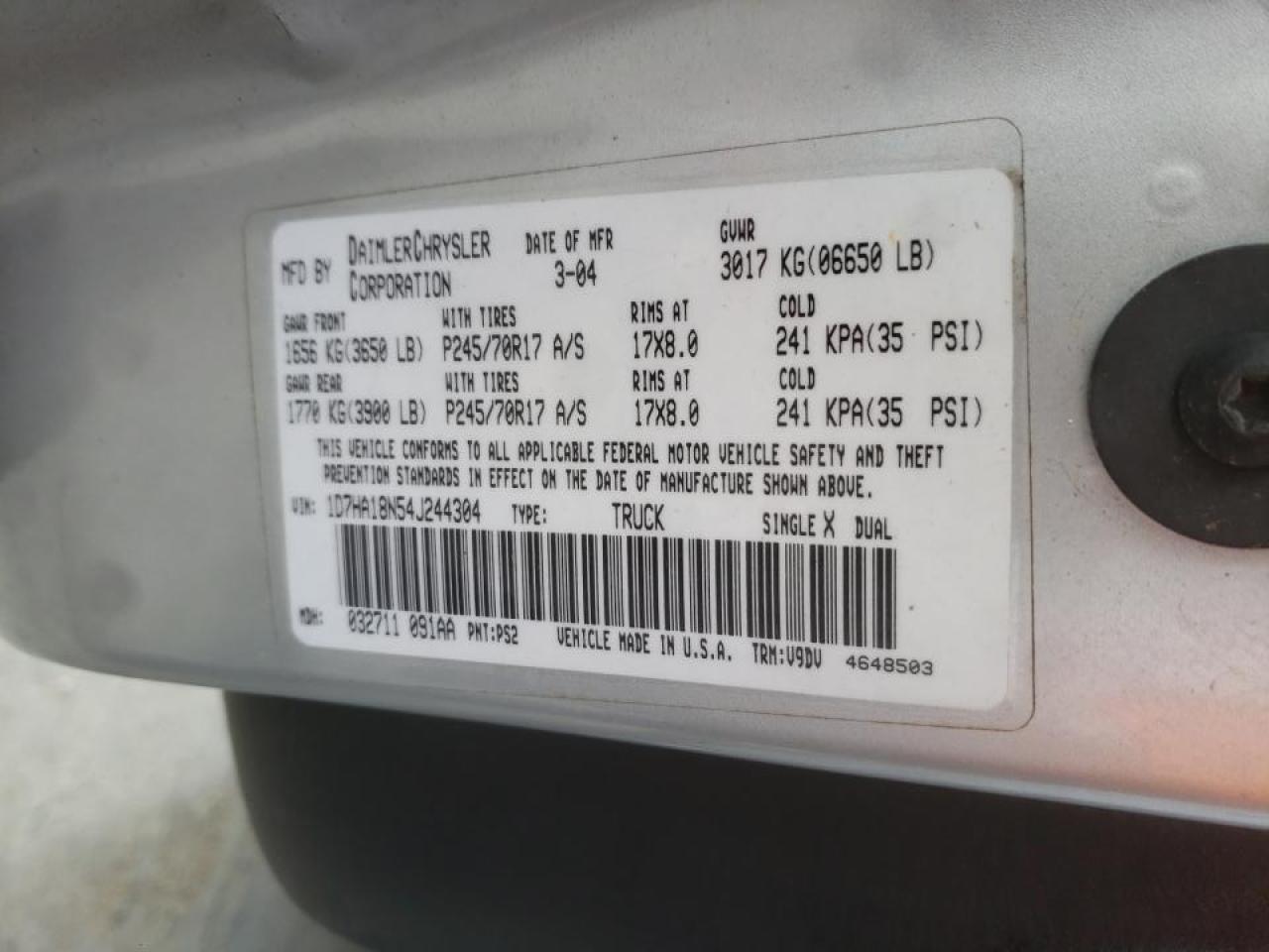 Photo 10 from auction – 2004 DODGE RAM 1500 S with VIN 1D7HA18N54J244304