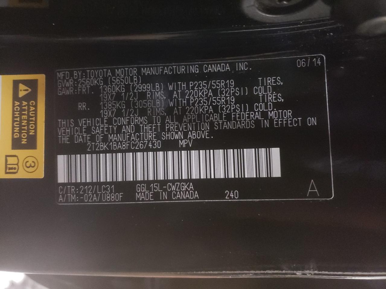 Photo 10 from auction – 2015 LEXUS RX 350 BAS with VIN 2T2BK1BA8FC267430