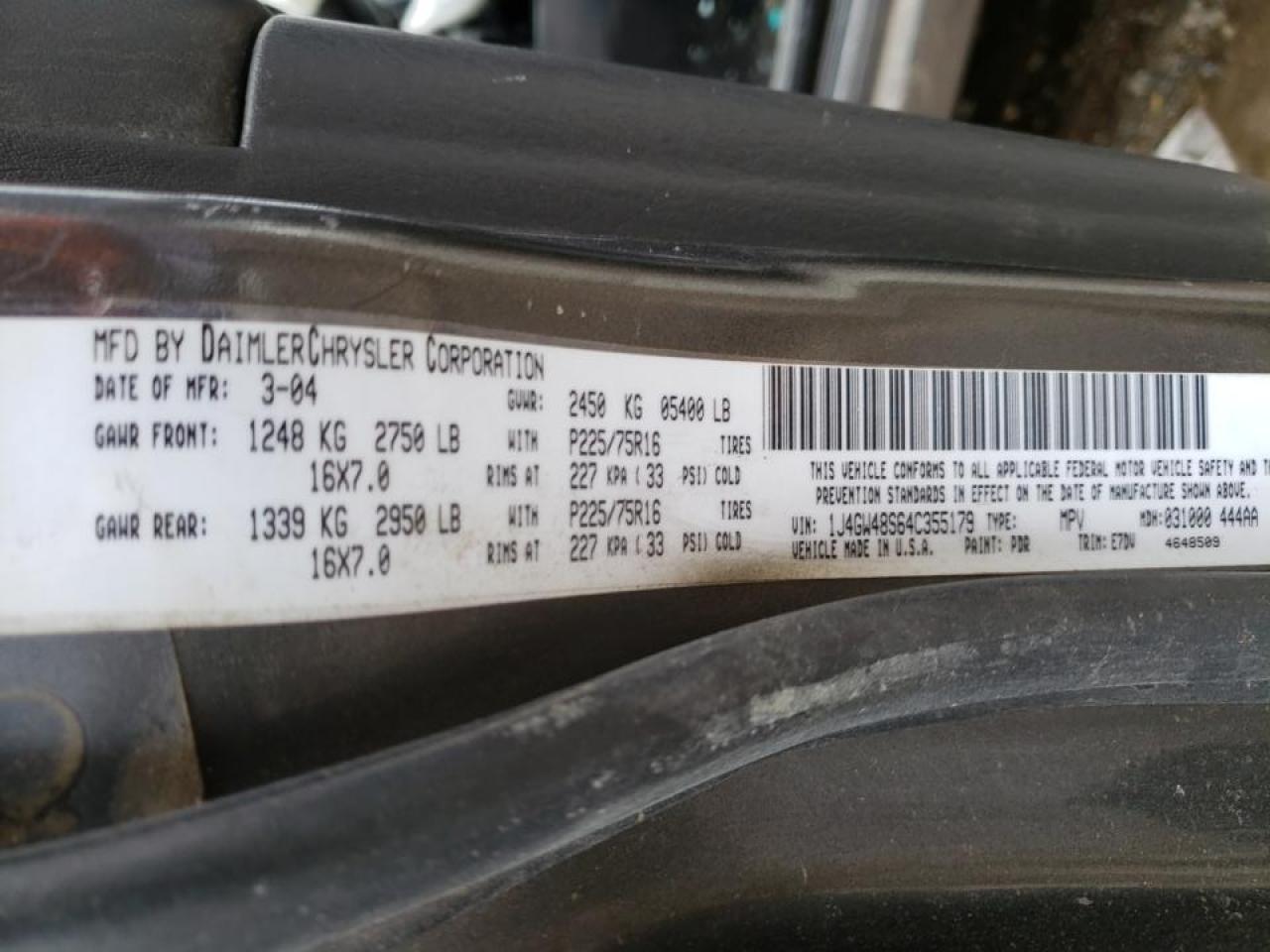 Photo 10 from auction – 2004 JEEP GRAND CHER with VIN 1J4GW48S64C355179
