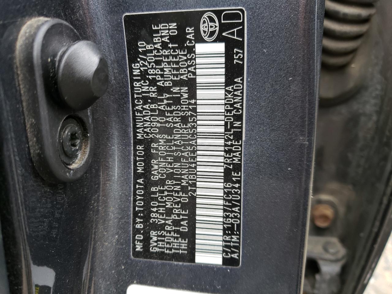 Photo 10 from auction – 2010 TOYOTA COROLLA BA with VIN 2T1BU4EE5AC535714