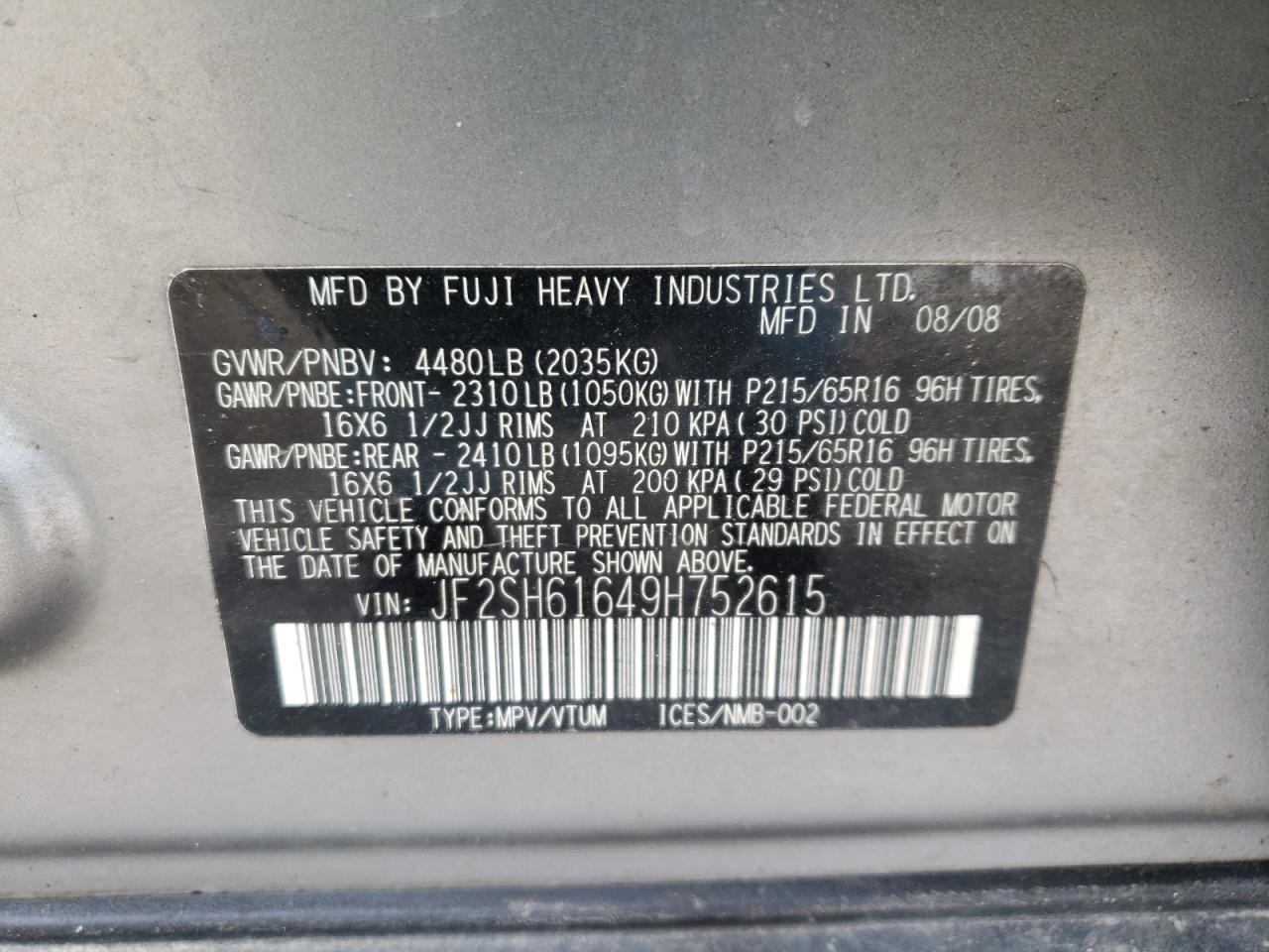 Foto 10 de la subasta – 2009 SUBARU FORESTER 2 con VIN JF2SH61649H752615