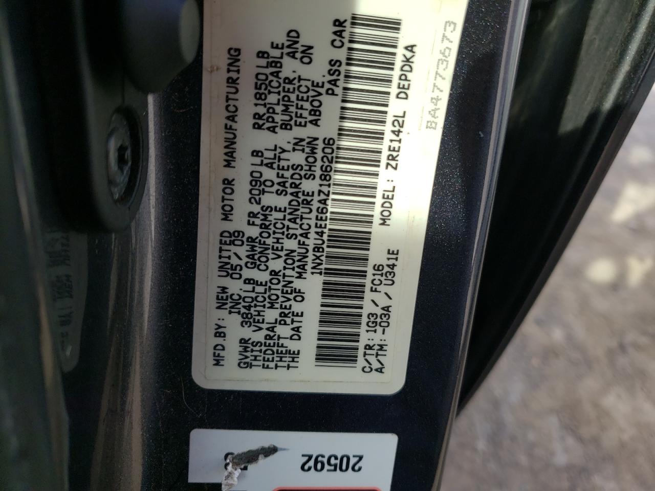 Photo 10 from auction – 2010 TOYOTA COROLLA BA with VIN 1NXBU4EE6AZ186206