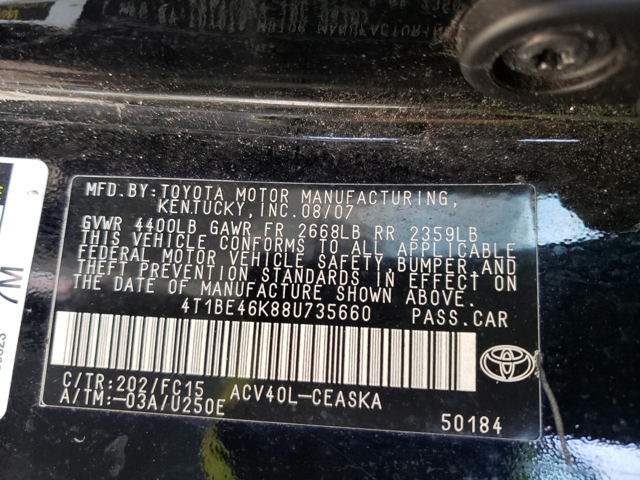Photo 10 from auction – 2008 TOYOTA CAMRY CE with VIN 4T1BE46K88U735660