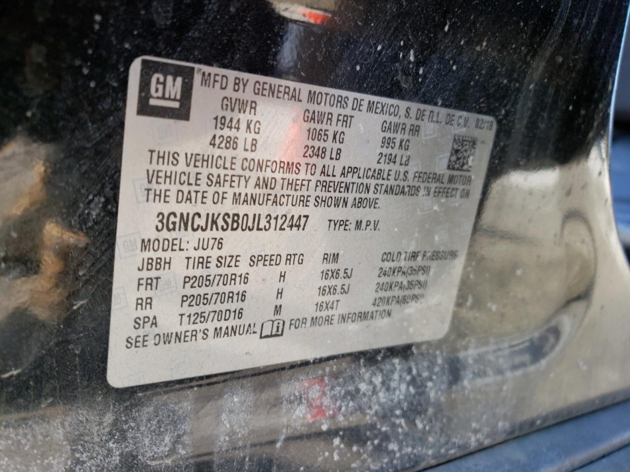 Photo 10 from auction – 2018 CHEVROLET TRAX LS with VIN 3GNCJKSB0JL312447