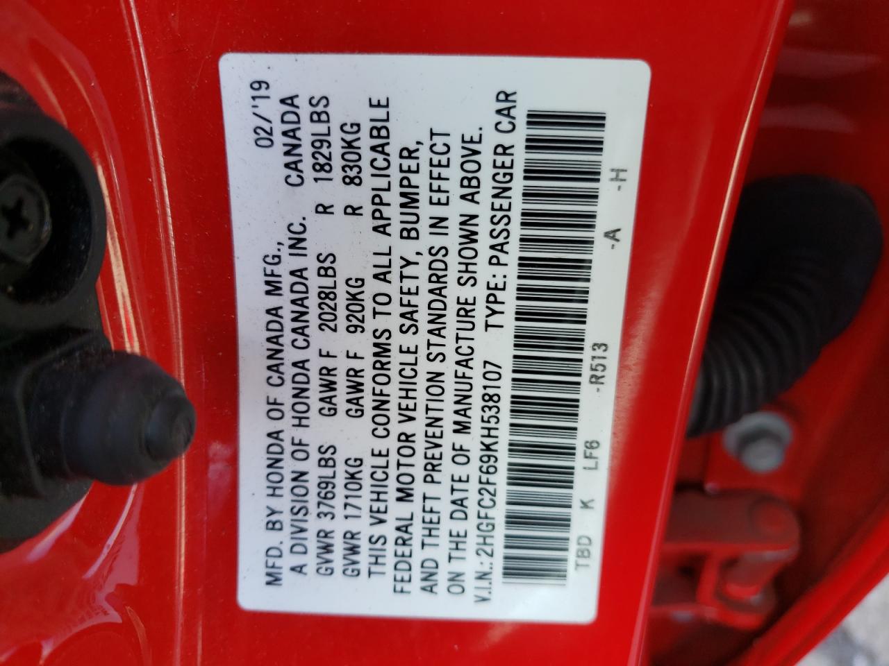 Photo 10 from auction – 2019 HONDA CIVIC LX with VIN 2HGFC2F69KH538107