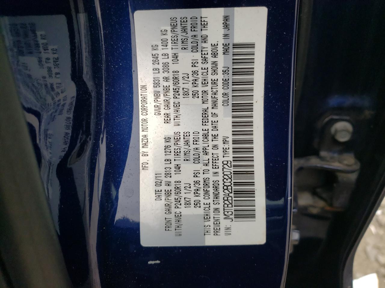 Photo 10 from auction – 2011 MAZDA CX-9 with VIN JM3TB2BA2B0320729