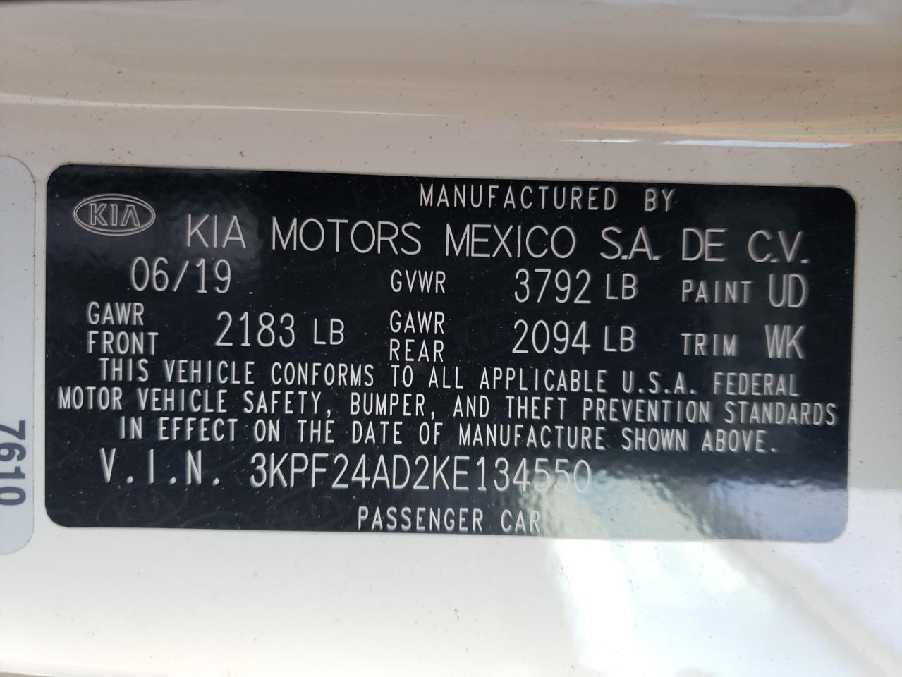 Photo 10 from auction – 2019 KIA FORTE FE with VIN 3KPF24AD2KE134550