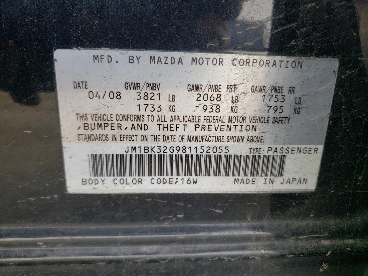 Photo 10 from auction – 2008 MAZDA 3 I with VIN JM1BK32G981152055