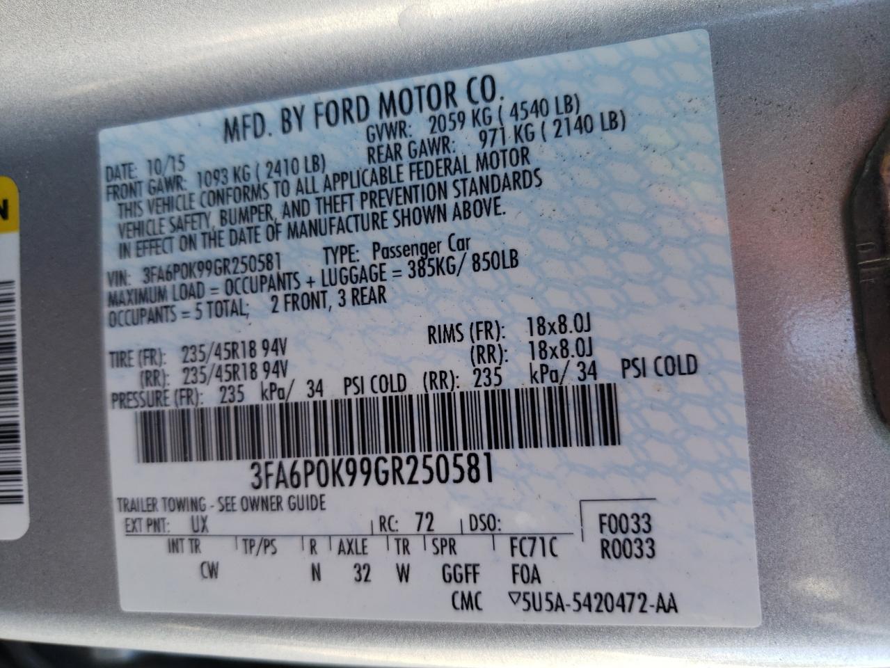 Photo 10 from auction – 2016 FORD FUSION TIT with VIN 3FA6P0K99GR250581
