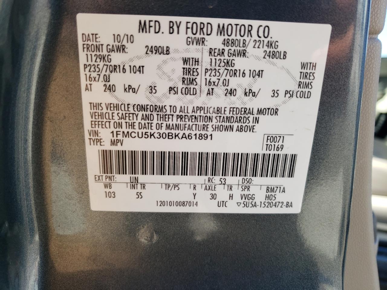 Photo 10 from auction – 2011 FORD ESCAPE HYB with VIN 1FMCU5K30BKA61891